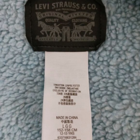 Levi's Trucker Black Jean Denim Jacket Fleece Sherpa Lined Girls 12-13 Size L - Picture 7 of 9